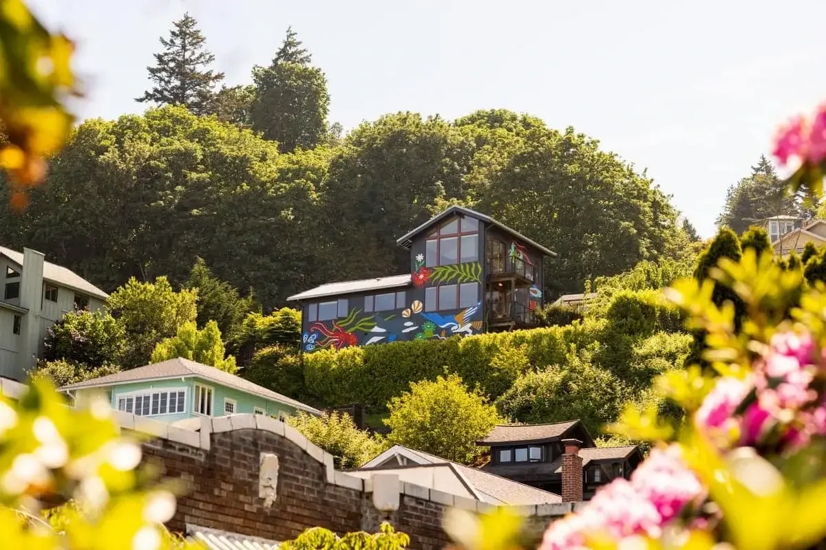 从坡地下方望向住宅,彩色外墙壁画显现在树木与邻屋之间